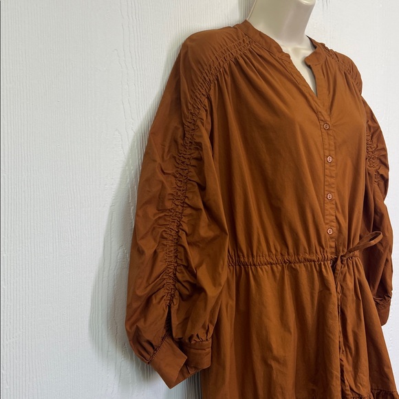 Astr The Label - Cognac Ruched Flounce Button Down Long Sleeve Mini Dress Medium - Picture 4 of 10
